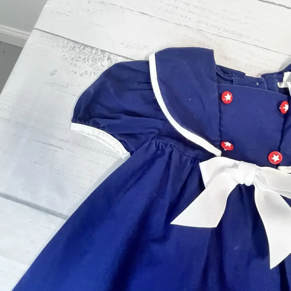 Vintage Girl's Dress Pretty As A Picture size 3T Navy Blue White Sailor Nautical